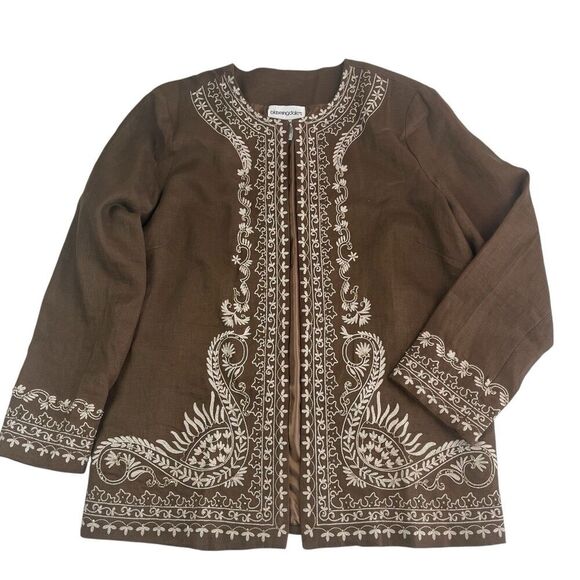 Vintage Bloomingdales Linen Embroidered Jacket size Large brown Cottagecore - Picture 1 of 10